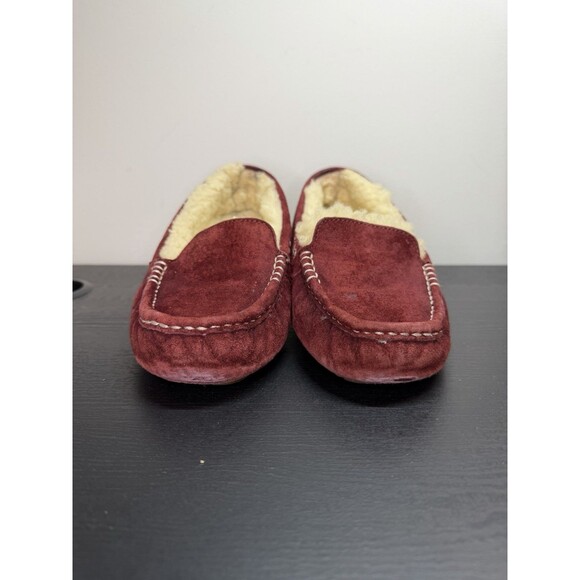 Women's 6 M Ugg Ansley 3312 Burgundy Suede Leather Slippers Moccasins Fur Lined - Picture 6 of 16
